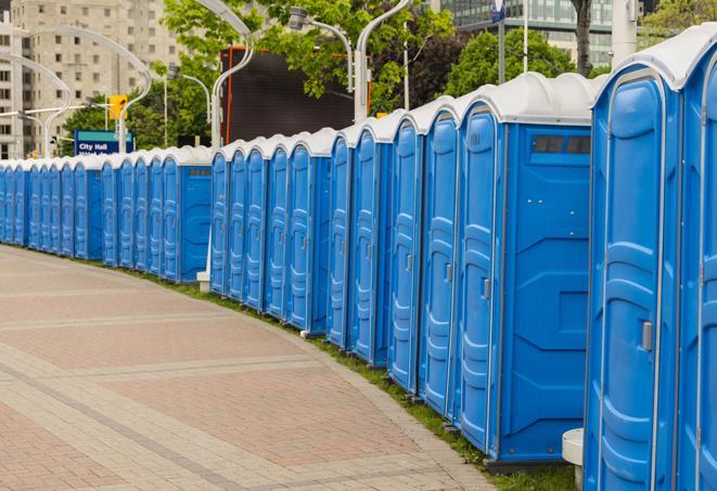 a row of portable restrooms set up for a special event, providing guests with a comfortable and sanitary option in Sandy Valley